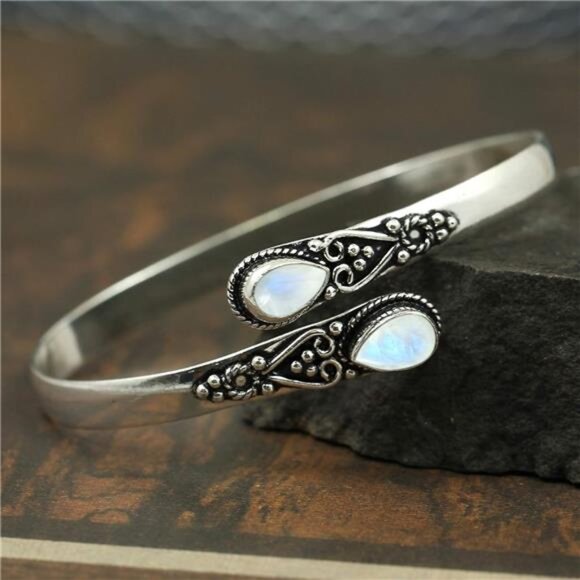 Pear Shape Natural Gemstones Bangle for Women - 925 Sterling Silver Plated - Picture 6 of 7